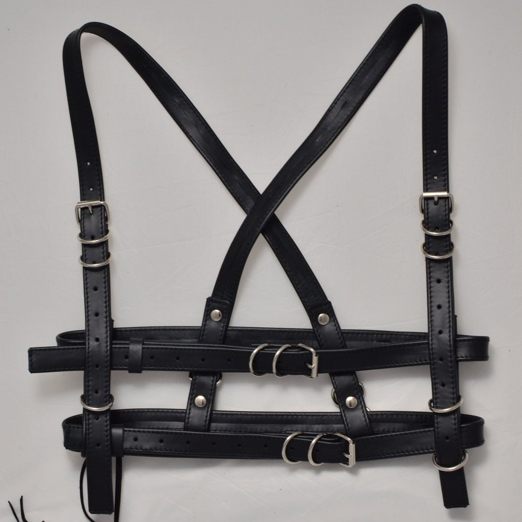 Leather harness, closes in waist or underbust, genuine leather, stylish and robust.